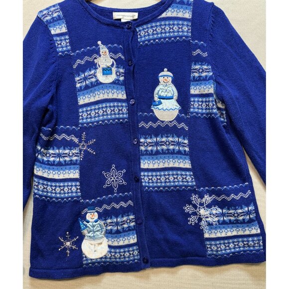 Christopher & Banks Women Cardigan Sweater Medium Blue Snowman Holiday Button Up - Picture 5 of 10